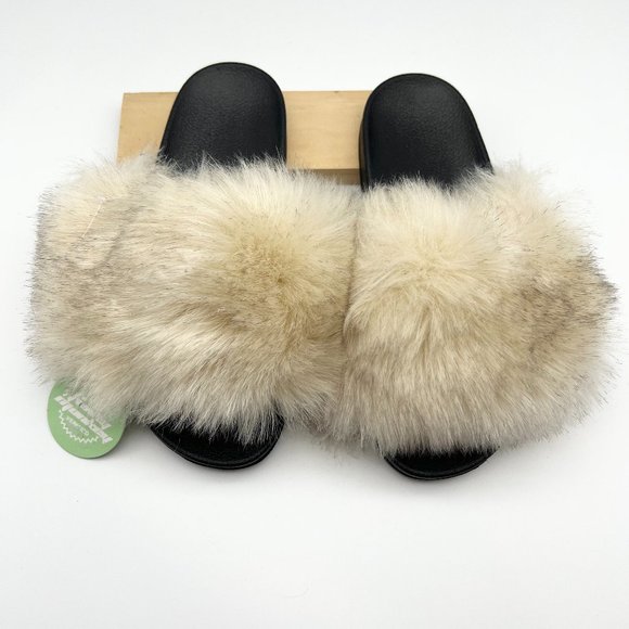 Funky Monkey Fur Slides Sz 7 Slippers Tan Black NWT - Picture 2 of 5